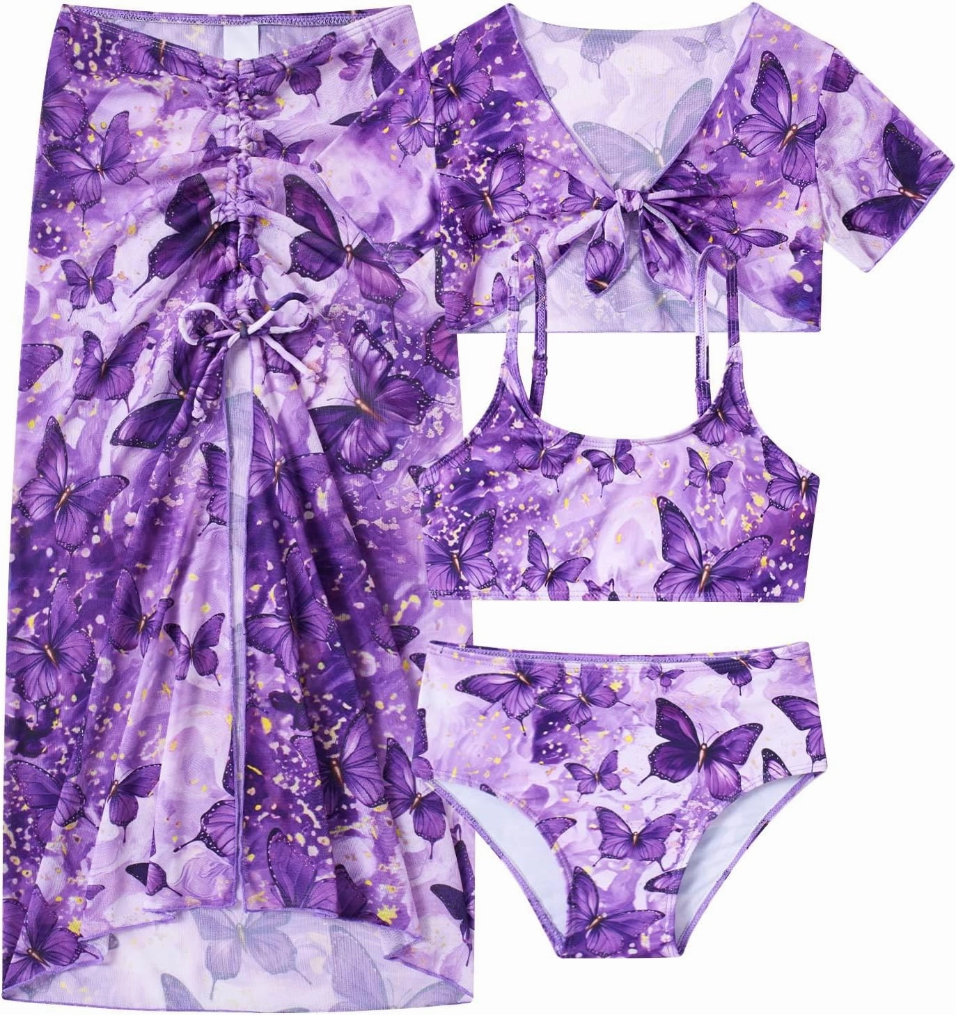 Idgreatim 7-14 Years Girls Swimsuit 4 Piece Tropical Bathing Suits Bikini Sets with Cover Up Skirt