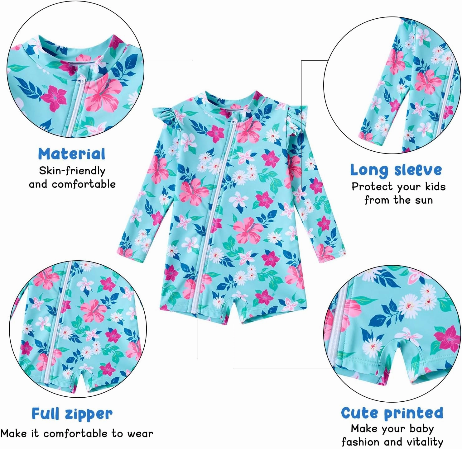 Idgreatim Baby Girls Swimsuit Toddler Kids Rash Guard Bathing Suit Infant One Piece Long Sleeve Zipper Swimwear 3-24 Months