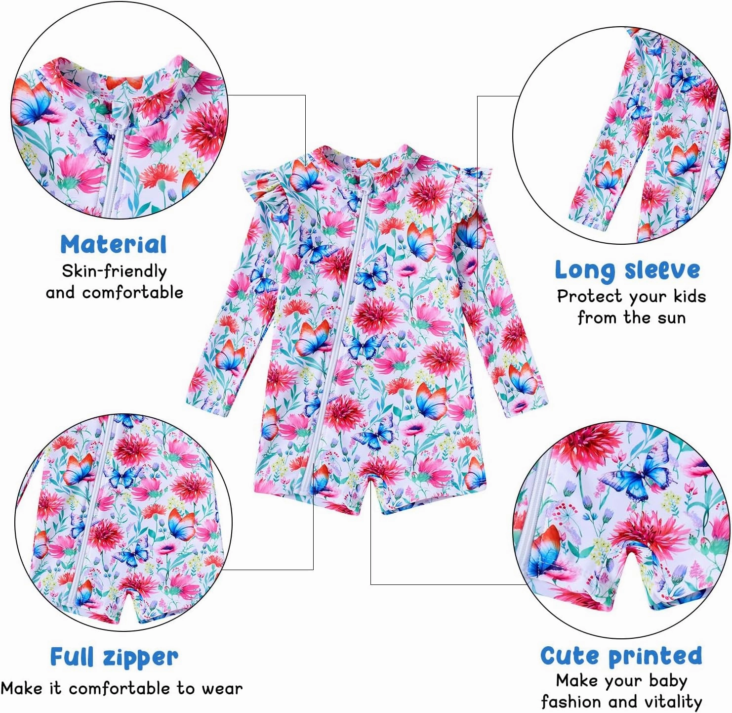 Idgreatim Baby Girls Swimsuit Toddler Kids Rash Guard Bathing Suit Infant One Piece Long Sleeve Zipper Swimwear 3-24 Months