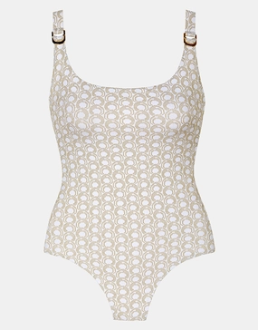 Indira Round Neck Swimsuit - White and Gold