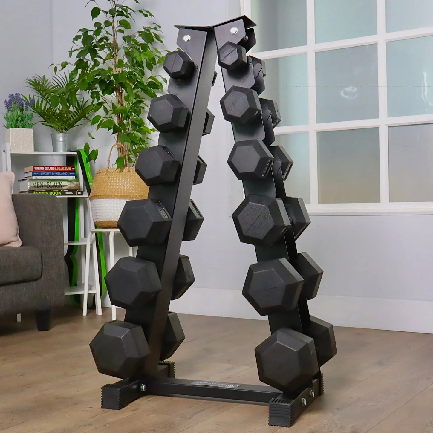 Hit Fitness Hex Dumbbells Vertical Rack | 6 Pairs (105kg), Weight Plate Storage, Medicine Balls,Slam Balls