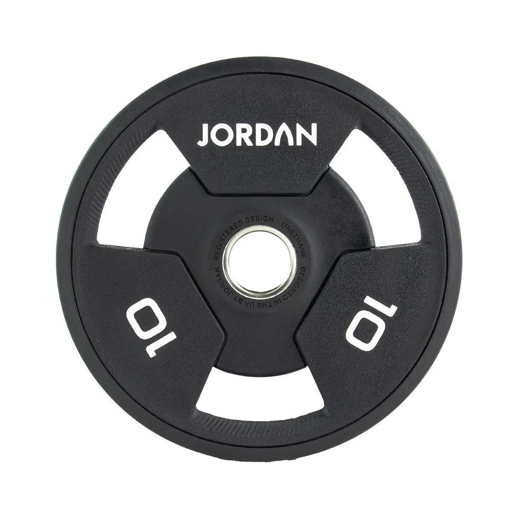 Jordan Urethane Tri-Grip Olympic Plate Sets, Olympic Frisbee Rack, Dumbbell Storage, Curved treadmill