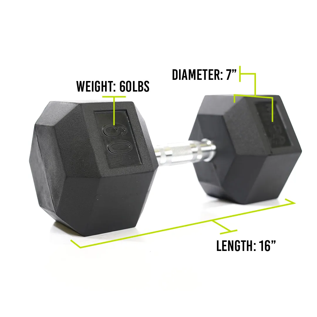 Mega Fitness - Rubber Hex Dumbbell 60lbs, Rack,Platforms