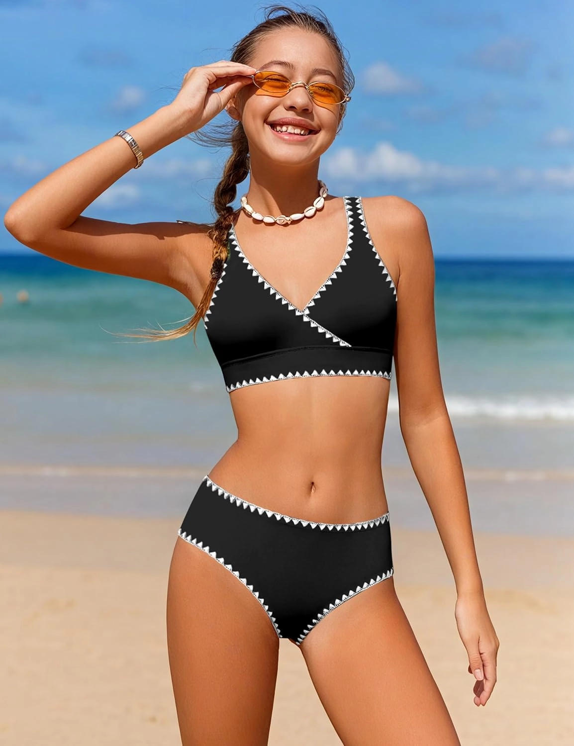 KANGKANG Girls Swimsuit Bikini Set Solid Color V-Neck Two Piece Bathing Suit with Chest Pad Adjustable Straps Swimwear 7-16T