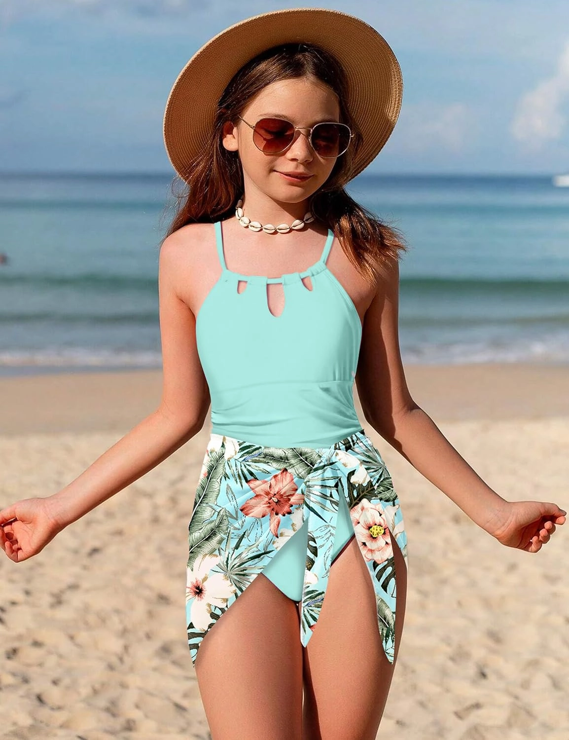 KANGKANG Girls Swimsuit Quick Dry Cut Out One Piece Swimsuits with Tropical Print Cover Up Skirt Bathing Suit Swimwear 7-18Y