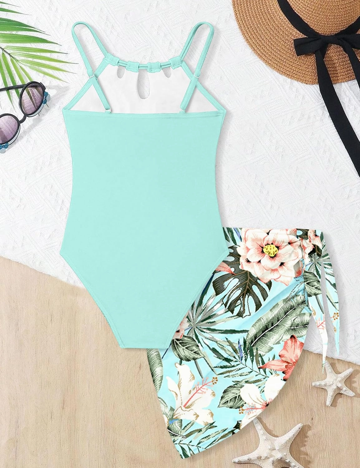 KANGKANG Girls Swimsuit Quick Dry Cut Out One Piece Swimsuits with Tropical Print Cover Up Skirt Bathing Suit Swimwear 7-18Y