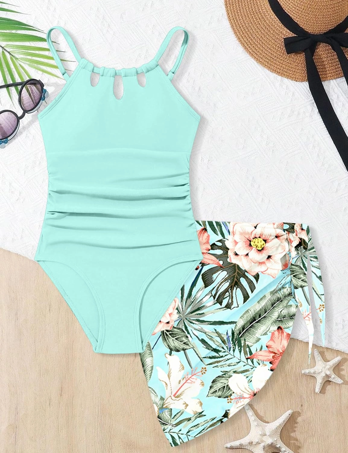 KANGKANG Girls Swimsuit Quick Dry Cut Out One Piece Swimsuits with Tropical Print Cover Up Skirt Bathing Suit Swimwear 7-18Y