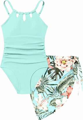 KANGKANG Girls Swimsuit Quick Dry Cut Out One Piece Swimsuits with Tropical Print Cover Up Skirt Bathing Suit Swimwear 7-18Y