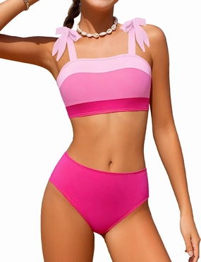 KANGKANG Girls Swimsuit Solid Color Block Adjustable Straps Teen Girl Bikini Set Kids Bathing Suits for Girls Size 7-16