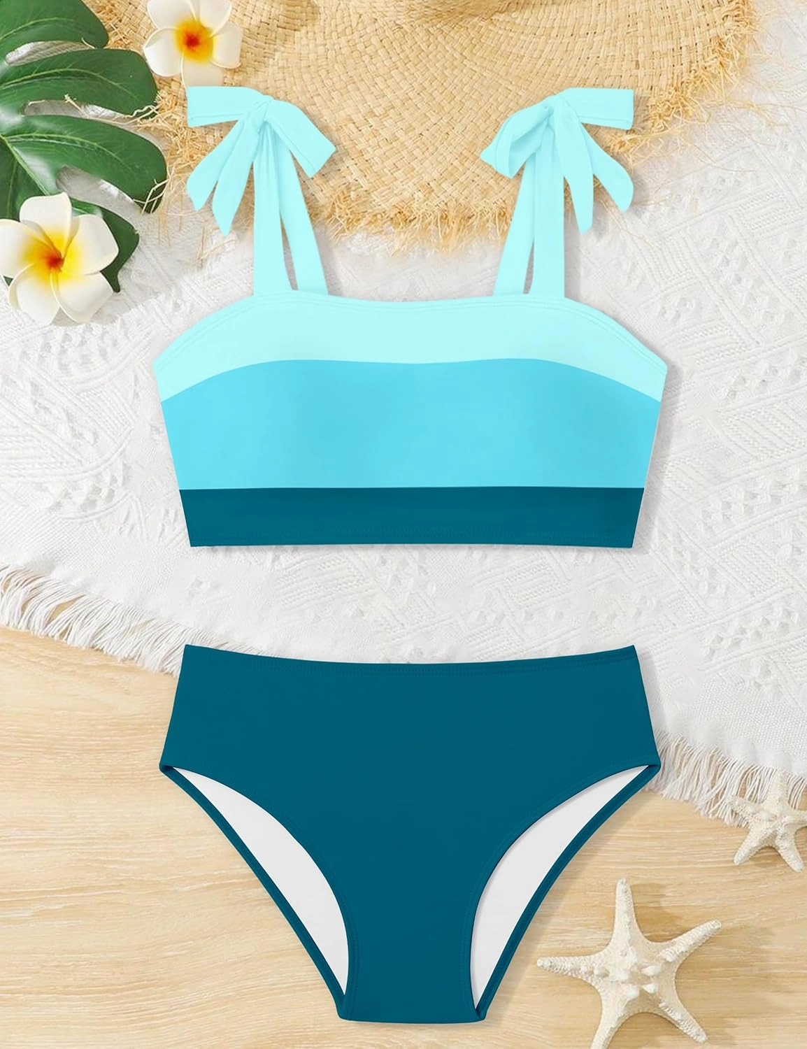 KANGKANG Girls Swimsuit Solid Color Block Adjustable Straps Teen Girl Bikini Set Kids Bathing Suits for Girls Size 7-16