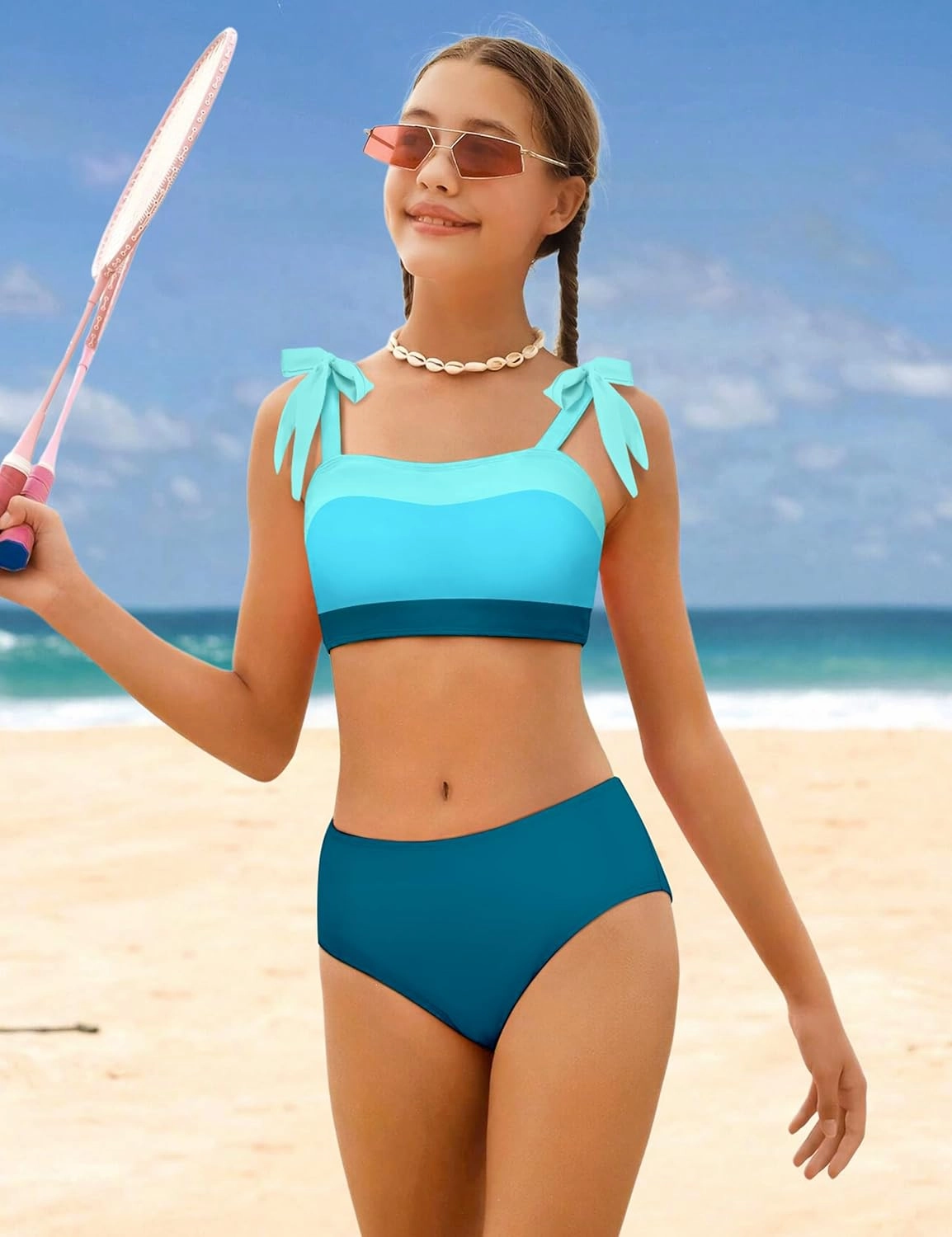 KANGKANG Girls Swimsuit Solid Color Block Adjustable Straps Teen Girl Bikini Set Kids Bathing Suits for Girls Size 7-16