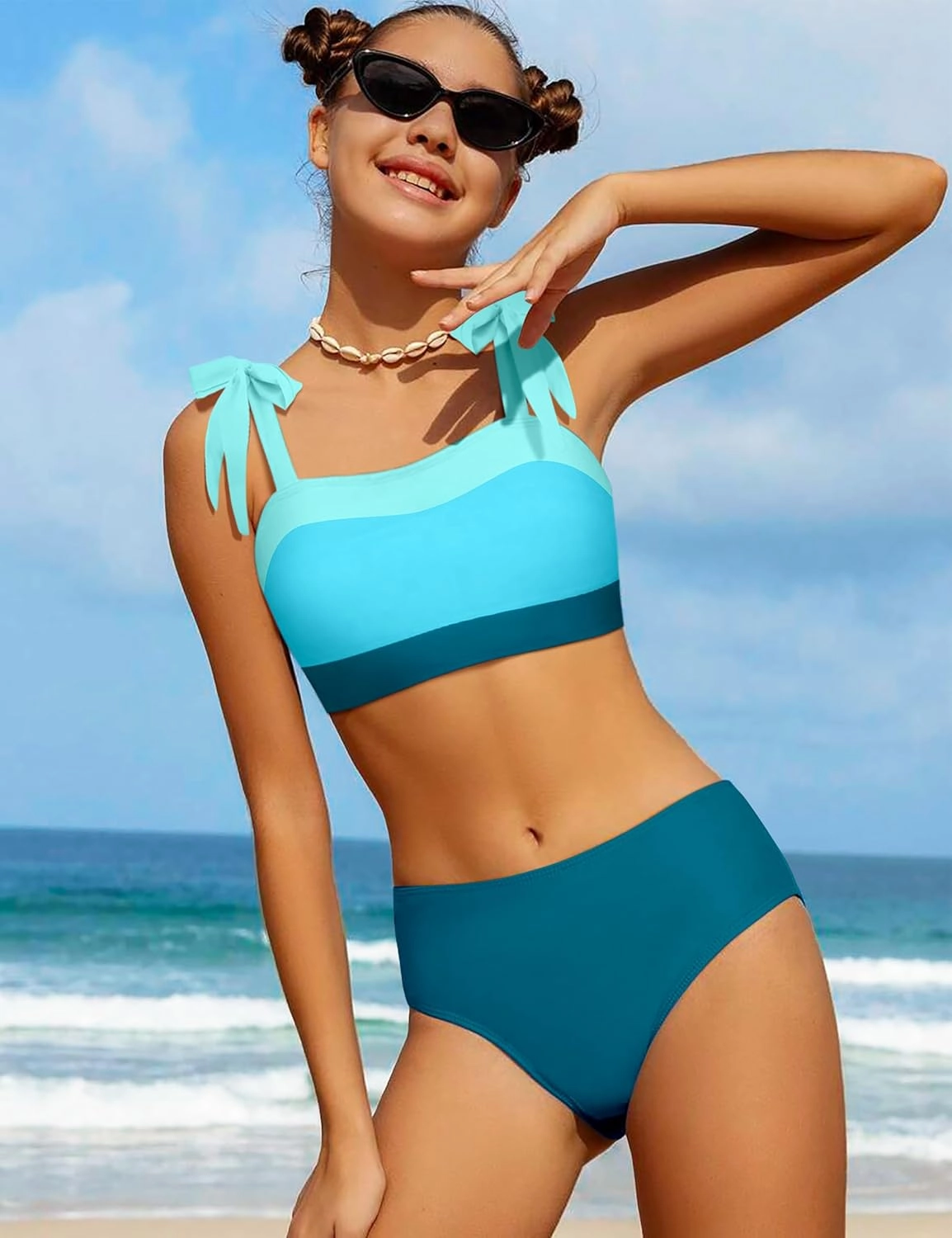 KANGKANG Girls Swimsuit Solid Color Block Adjustable Straps Teen Girl Bikini Set Kids Bathing Suits for Girls Size 7-16