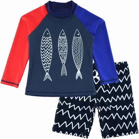 Kids Short Sleeve Sunsuit Swimwear Boys Two Piece Rash-Guard-Sets Dinosaur Pattern