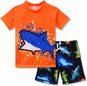 Kids Short Sleeve Sunsuit Swimwear Boys Two Piece Rash-Guard-Sets Dinosaur Pattern