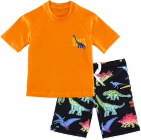 Kids Short Sleeve Sunsuit Swimwear Boys Two Piece Rash-Guard-Sets Dinosaur Pattern