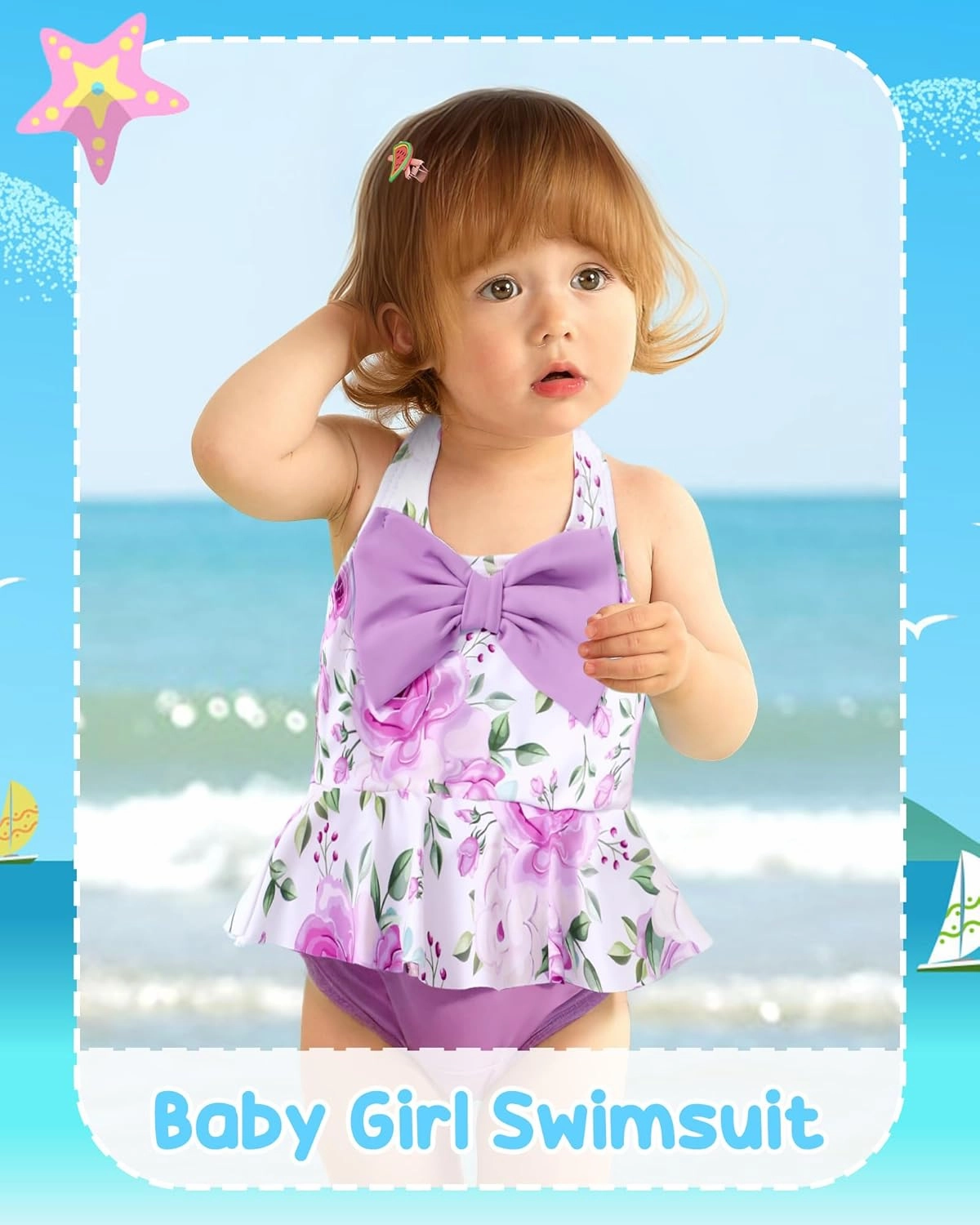 Kucnuzki Baby Girl Swimsuit Newborn One Piece Bathing Suit Bow Tie Bikini Tankini Infant Swimwear with Hat