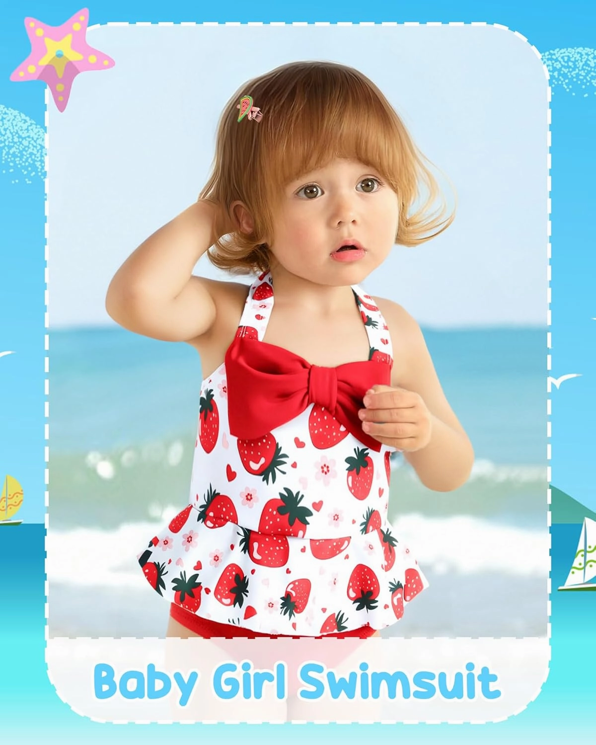 Kucnuzki Baby Girl Swimsuit Newborn One Piece Bathing Suit Bow Tie Bikini Tankini Infant Swimwear with Hat