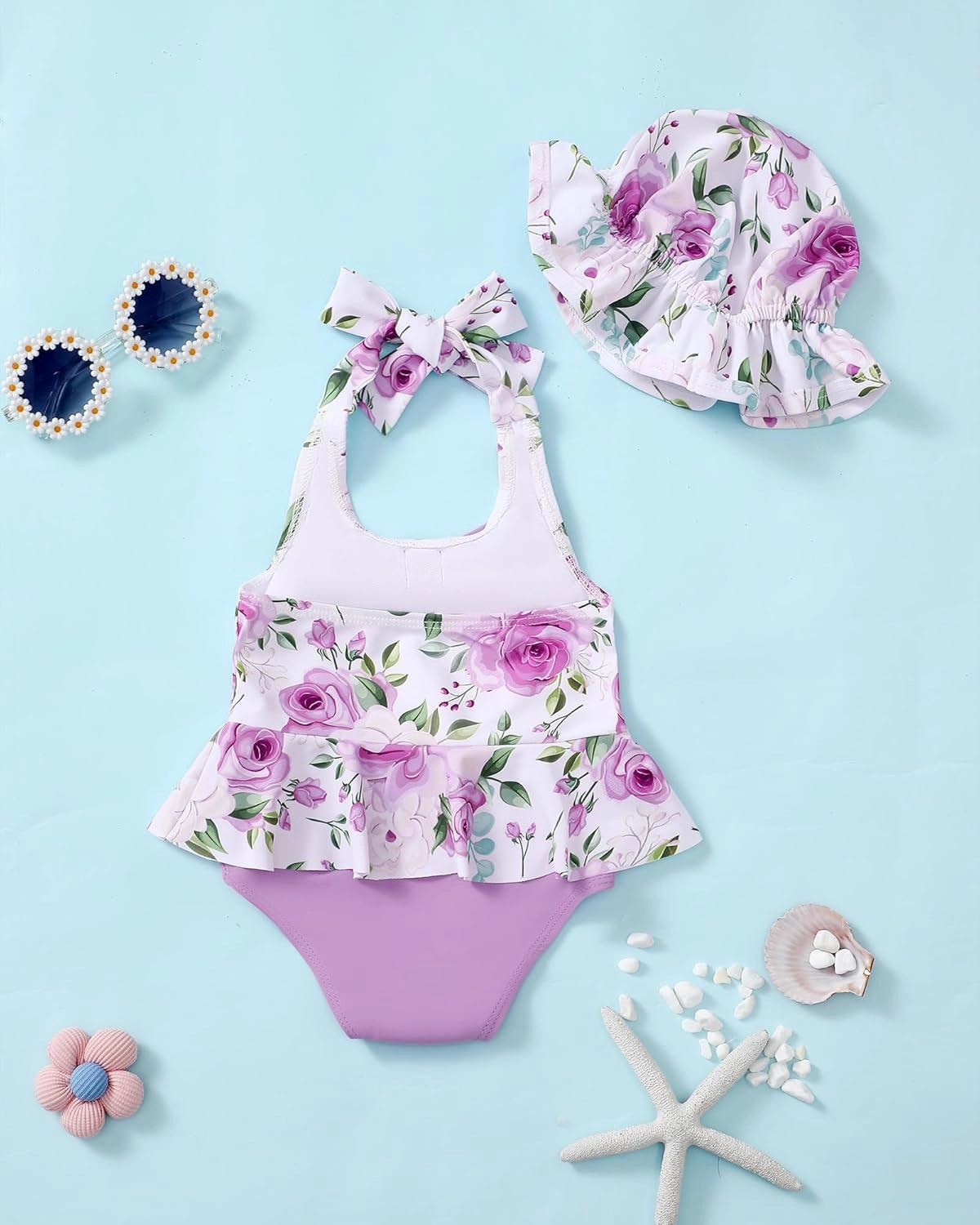Kucnuzki Baby Girl Swimsuit Newborn One Piece Bathing Suit Bow Tie Bikini Tankini Infant Swimwear with Hat
