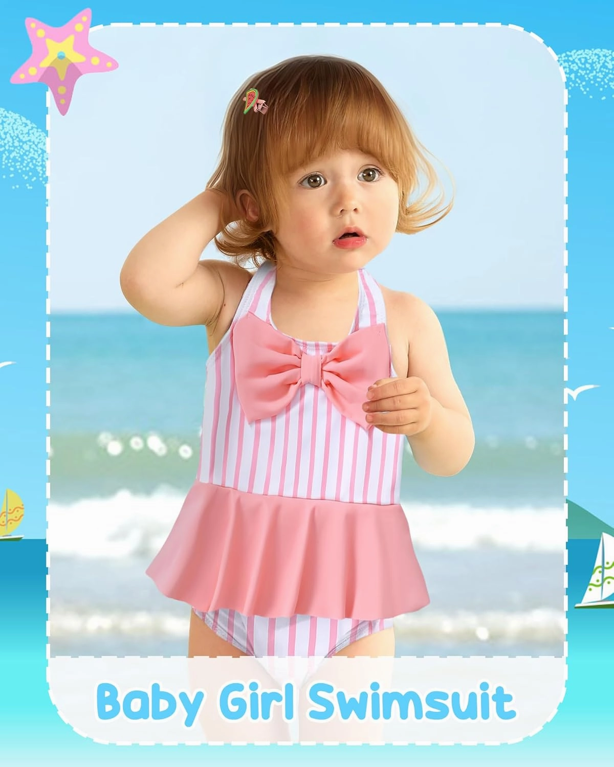 Kucnuzki Baby Girl Swimsuit Newborn One Piece Bathing Suit Bow Tie Bikini Tankini Infant Swimwear with Hat