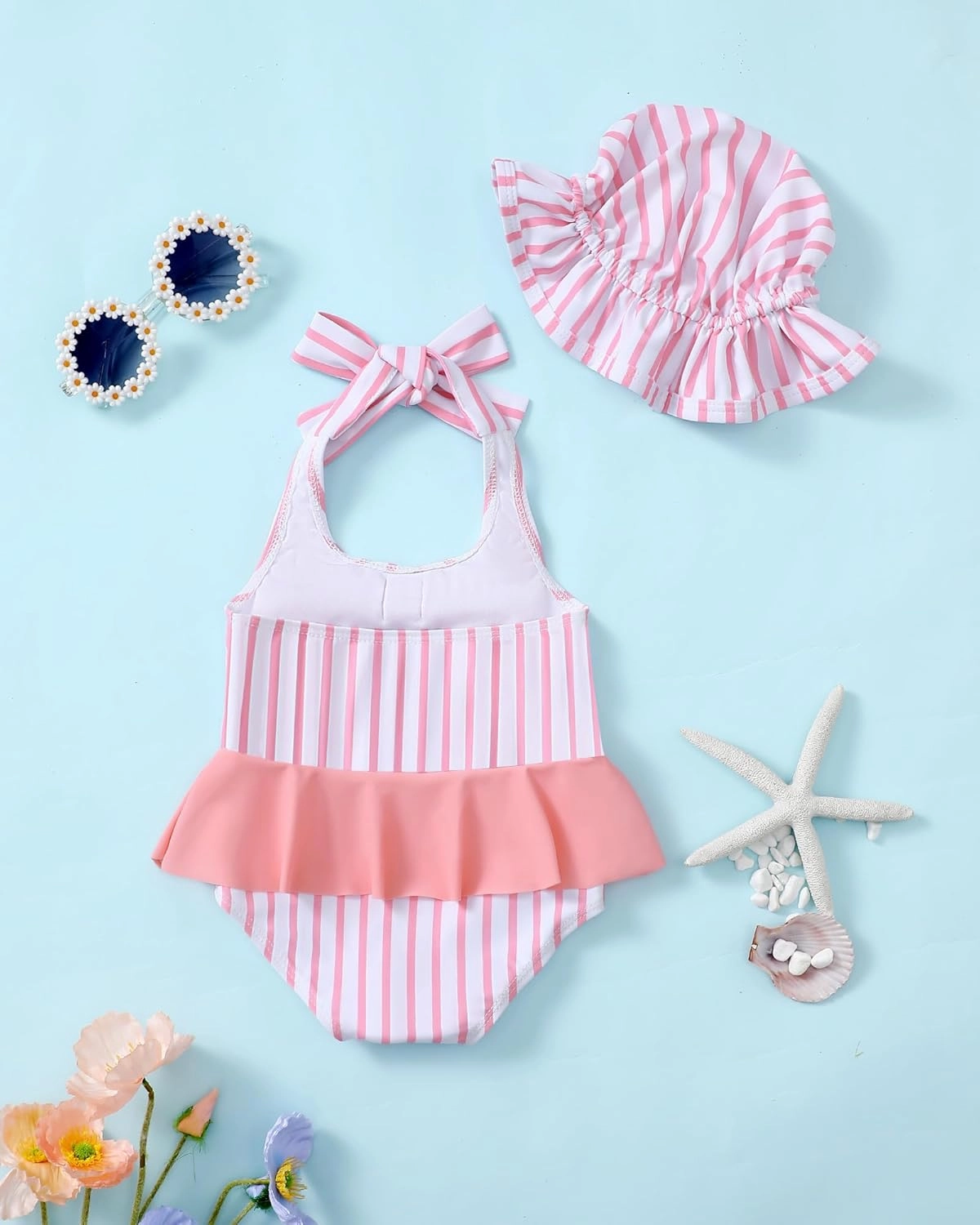 Kucnuzki Baby Girl Swimsuit Newborn One Piece Bathing Suit Bow Tie Bikini Tankini Infant Swimwear with Hat