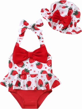 Kucnuzki Baby Girl Swimsuit Newborn One Piece Bathing Suit Bow Tie Bikini Tankini Infant Swimwear with Hat