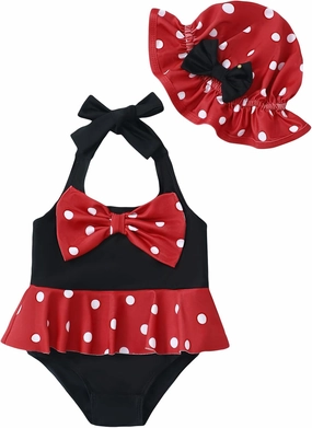 Kucnuzki Baby Girl Swimsuit Newborn One Piece Bathing Suit Bow Tie Bikini Tankini Infant Swimwear with Hat