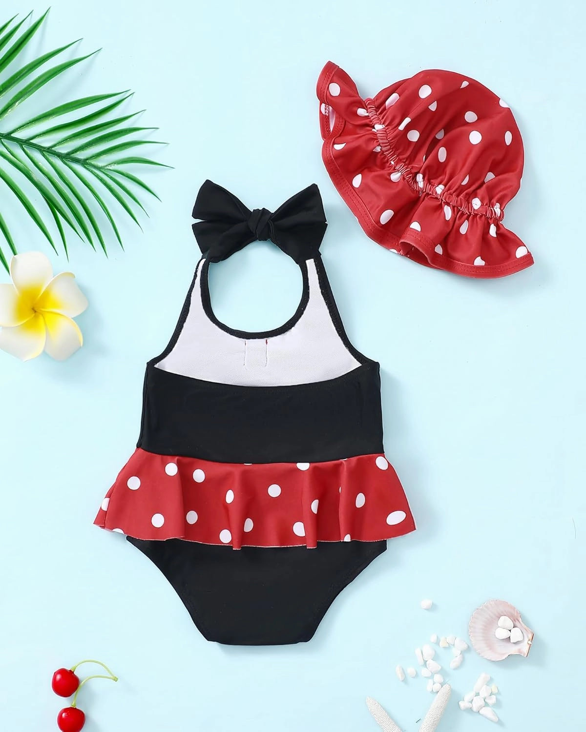 Kucnuzki Baby Girl Swimsuit Newborn One Piece Bathing Suit Bow Tie Bikini Tankini Infant Swimwear with Hat