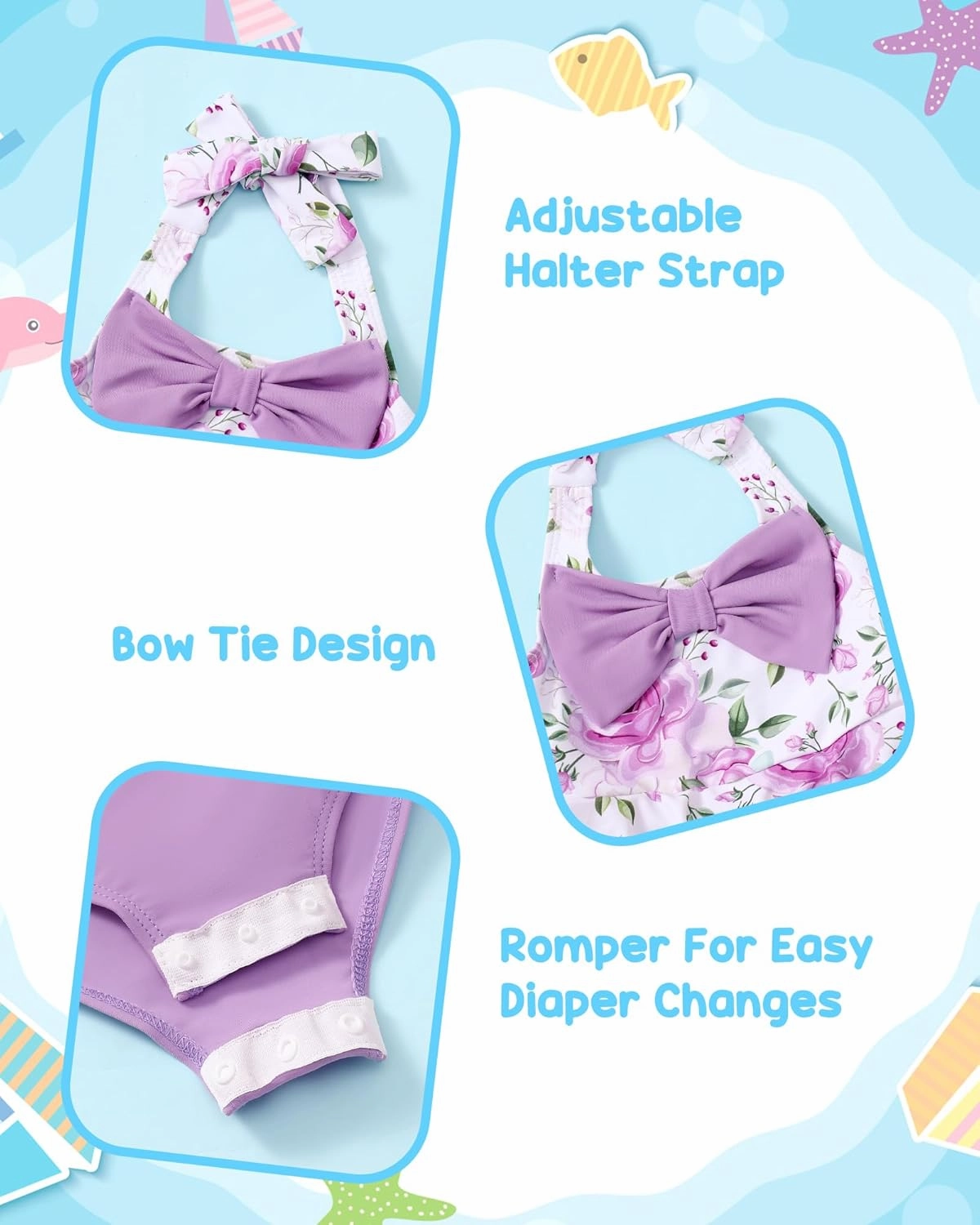 Kucnuzki Baby Girl Swimsuit Newborn One Piece Bathing Suit Bow Tie Bikini Tankini Infant Swimwear with Hat