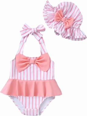 Kucnuzki Baby Girl Swimsuit Newborn One Piece Bathing Suit Bow Tie Bikini Tankini Infant Swimwear with Hat