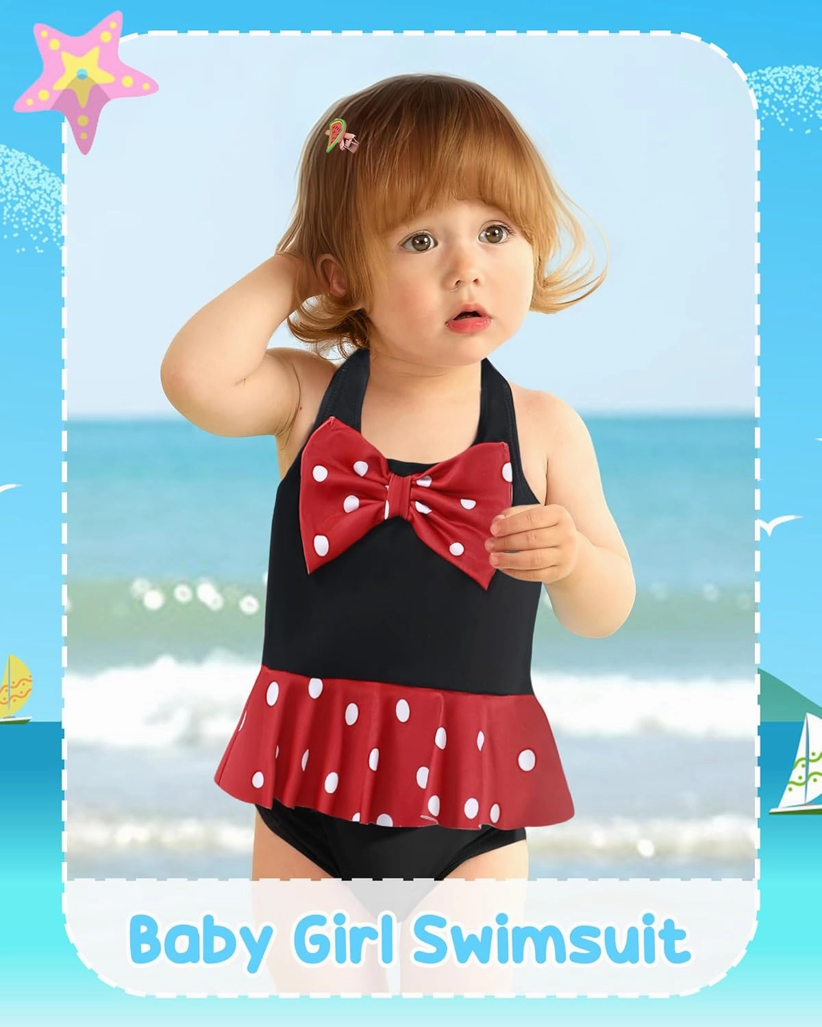 Kucnuzki Baby Girl Swimsuit Newborn One Piece Bathing Suit Bow Tie Bikini Tankini Infant Swimwear with Hat