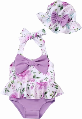 Kucnuzki Baby Girl Swimsuit Newborn One Piece Bathing Suit Bow Tie Bikini Tankini Infant Swimwear with Hat