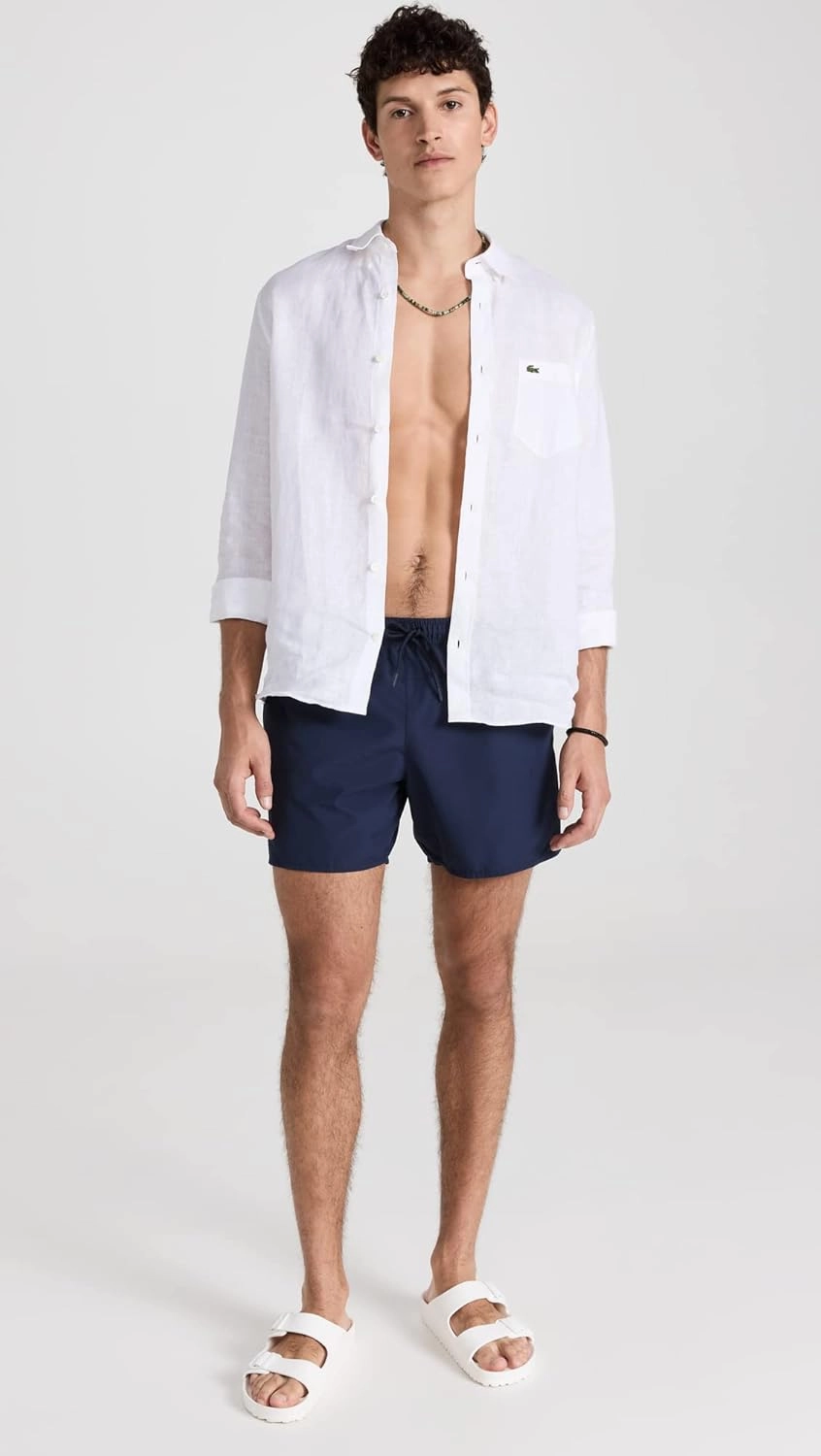 Lacoste Men's Solid Elastic Waist Swim Trunks