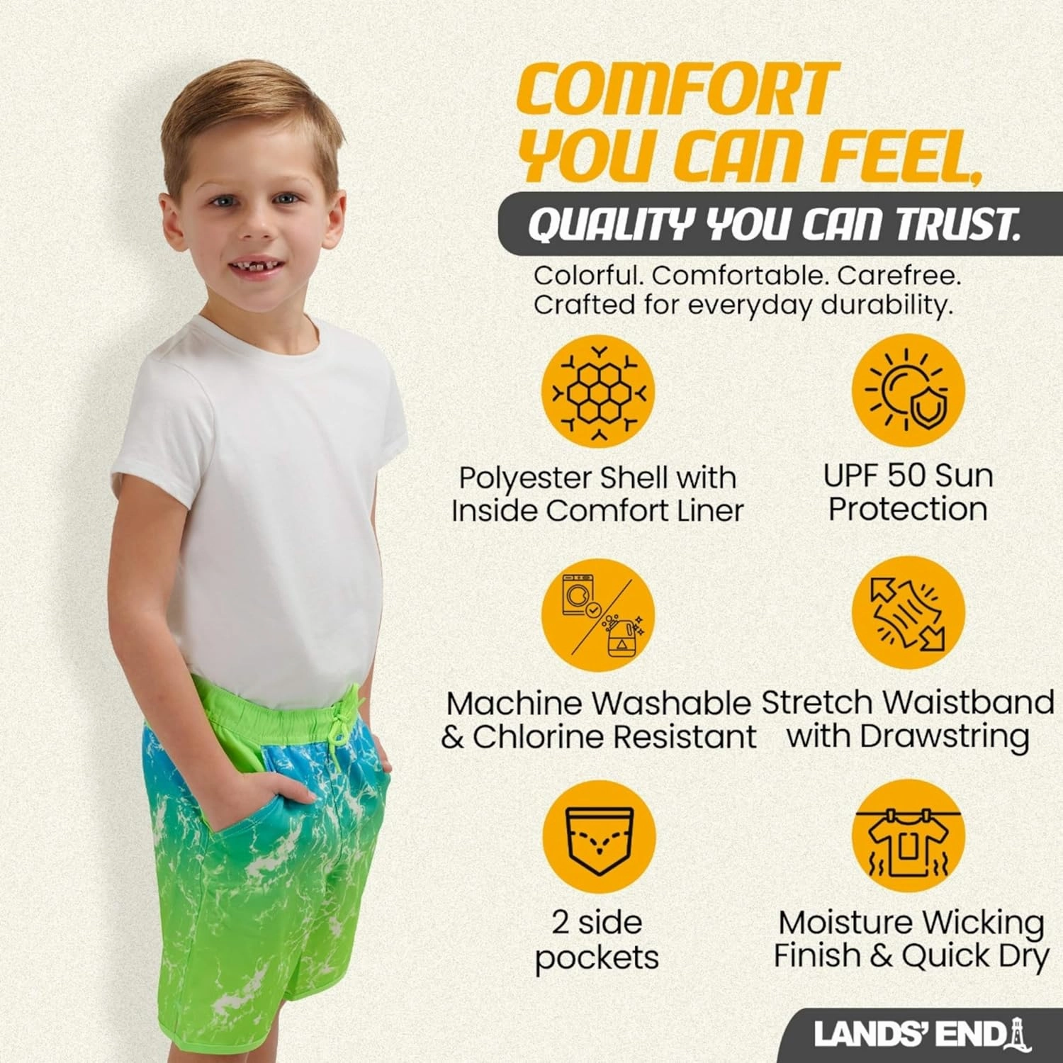 Lands' End Boys' Swimwear UPF 50 Comfort Liner Swim Trunks