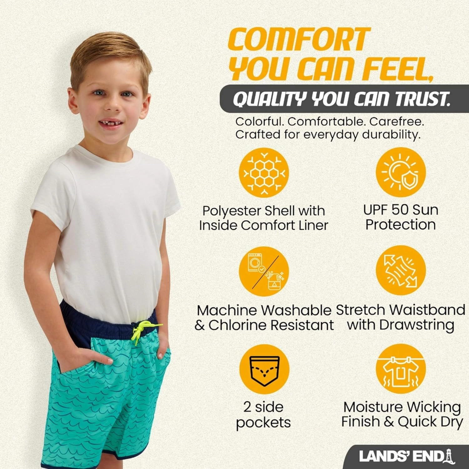 Lands' End Boys' Swimwear UPF 50 Comfort Liner Swim Trunks