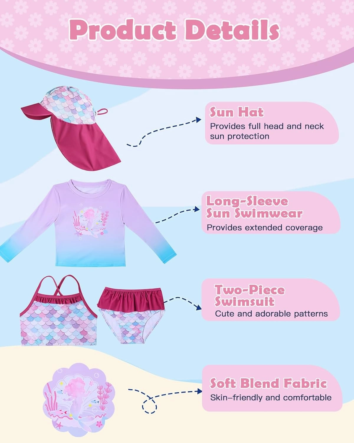 Lilian & Gema 4-Piece Baby Toddler Girl Swimsuit Set - Tankini & Rash Guard Girls Bathing Suit with UPF 50  Sun Protection
