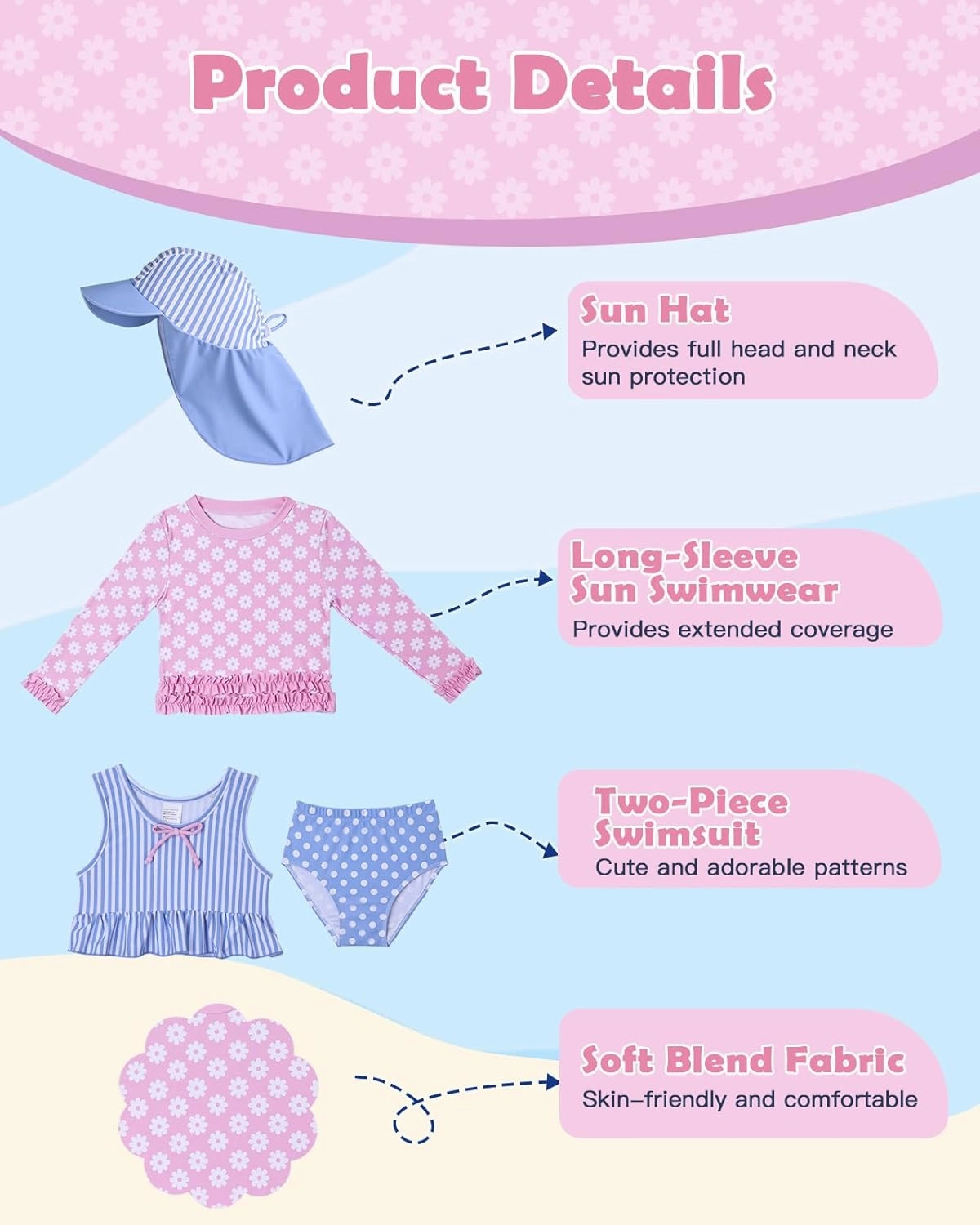 Lilian & Gema 4-Piece Baby Toddler Girl Swimsuit Set - Tankini & Rash Guard Girls Bathing Suit with UPF 50  Sun Protection