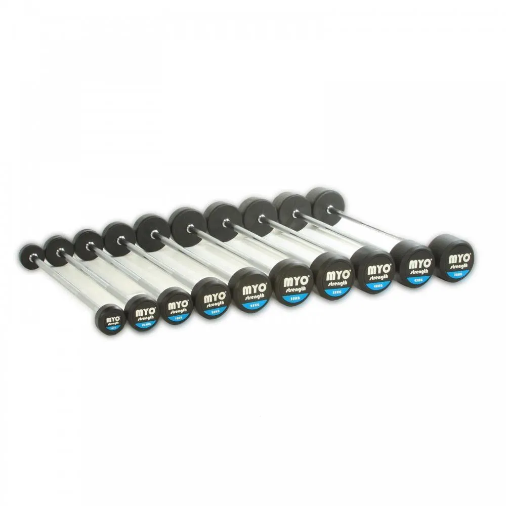 Limited Edition MYO Strength Rubber Barbell with PU End Cap - 10kg - 50kg Straight (10 Bar Set) Great Value, Collars