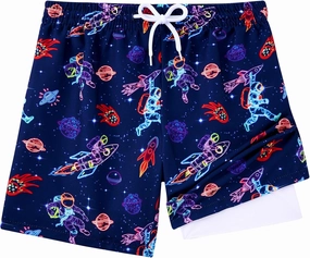 Little Boys Swim Trunks with Boxer Mesh Liner Swim Shorts Kids Quick Dry Bathing Suit Swimwear 4-12T