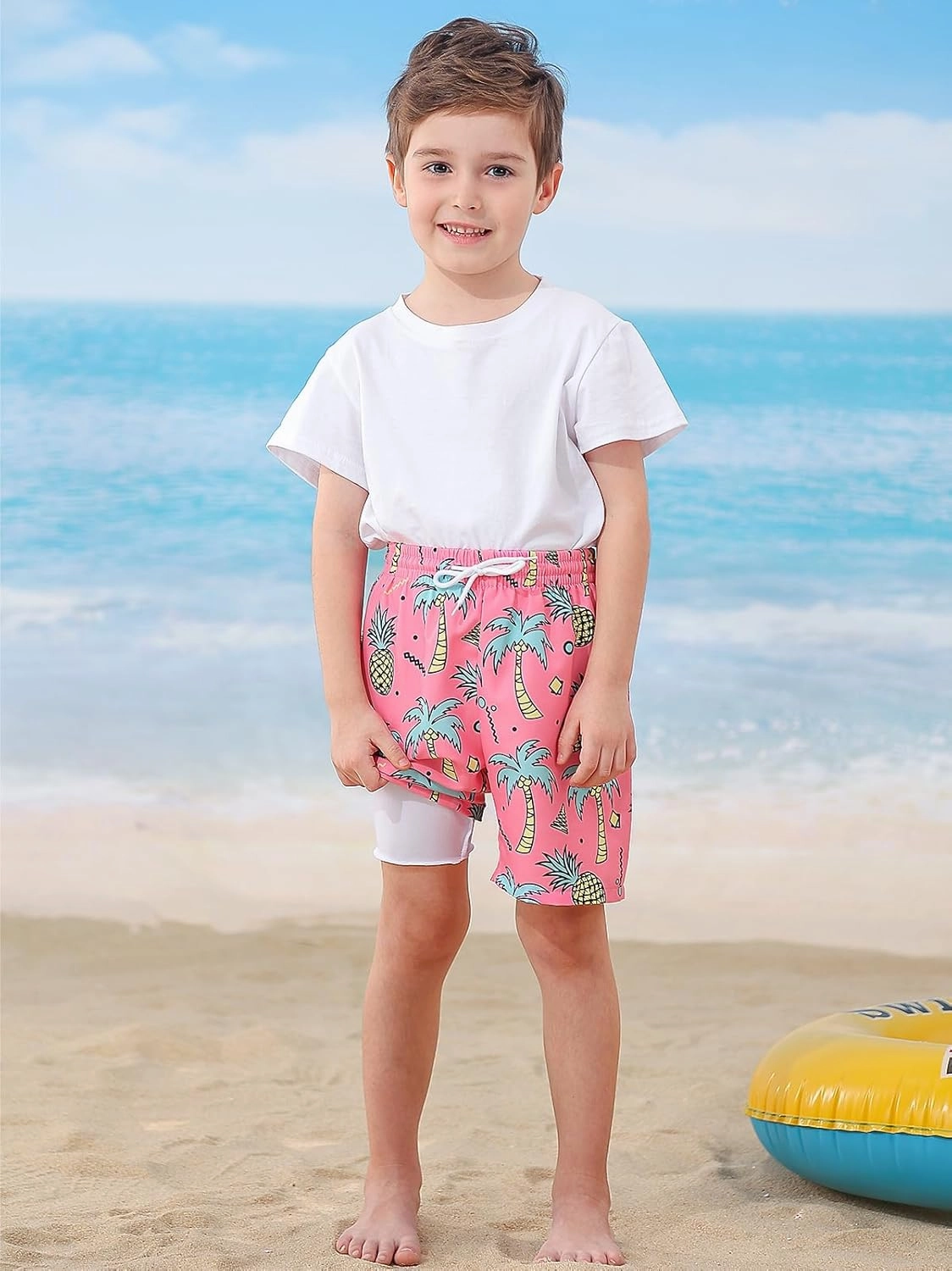 Little Boys Swim Trunks with Boxer Mesh Liner Swim Shorts Kids Quick Dry Bathing Suit Swimwear 4-12T