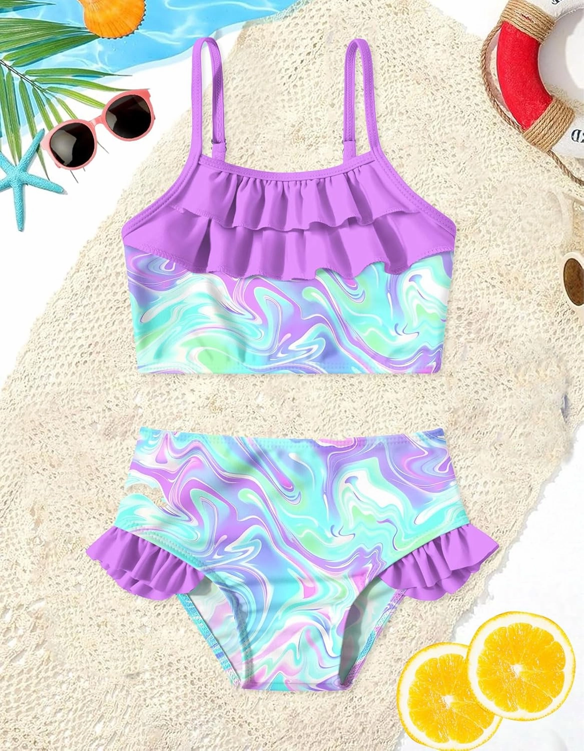 Little Girls Two Piece Mermaid Bikini Set Ruffle Adjustable Summer Beach Bathing Swimsuit 3-7 Years for Kids