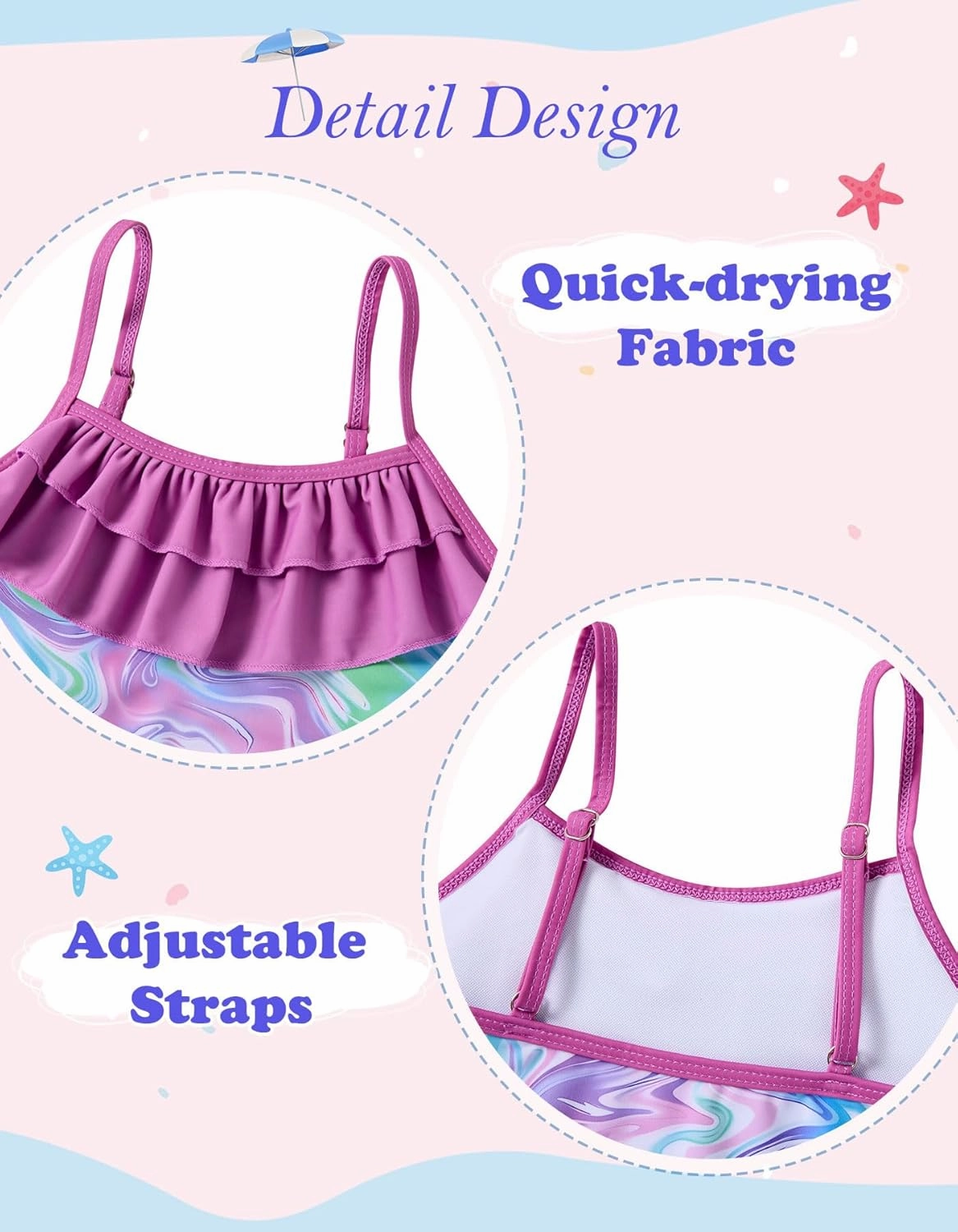 Little Girls Two Piece Mermaid Bikini Set Ruffle Adjustable Summer Beach Bathing Swimsuit 3-7 Years for Kids