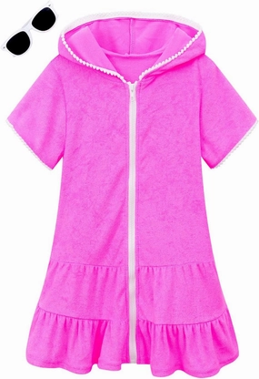 LUCKYGAL Girls Swim Cover Up Kids Swimsuit Coverup Terry Zip-Up Beach Bathing Suit Wraps with Sunglasses