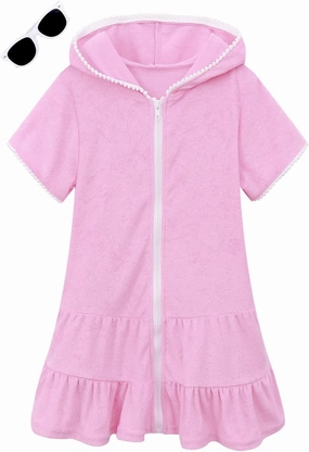 LUCKYGAL Girls Swim Cover Up Kids Swimsuit Coverup Terry Zip-Up Beach Bathing Suit Wraps with Sunglasses