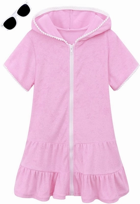 LUCKYGAL Girls Swim Cover Up Kids Swimsuit Coverup Terry Zip-Up Beach Bathing Suit Wraps with Sunglasses