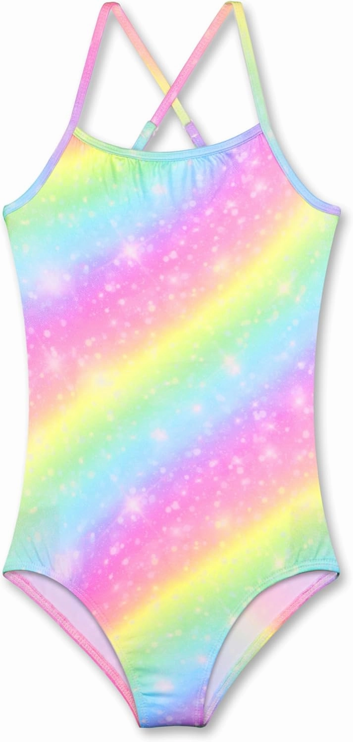 LUOUSE Girls Sparkle Swimsuits Quick Dry Crossback One Piece Beach Swimwear Bathing Suit with Adjustable Strap 4-9 Years