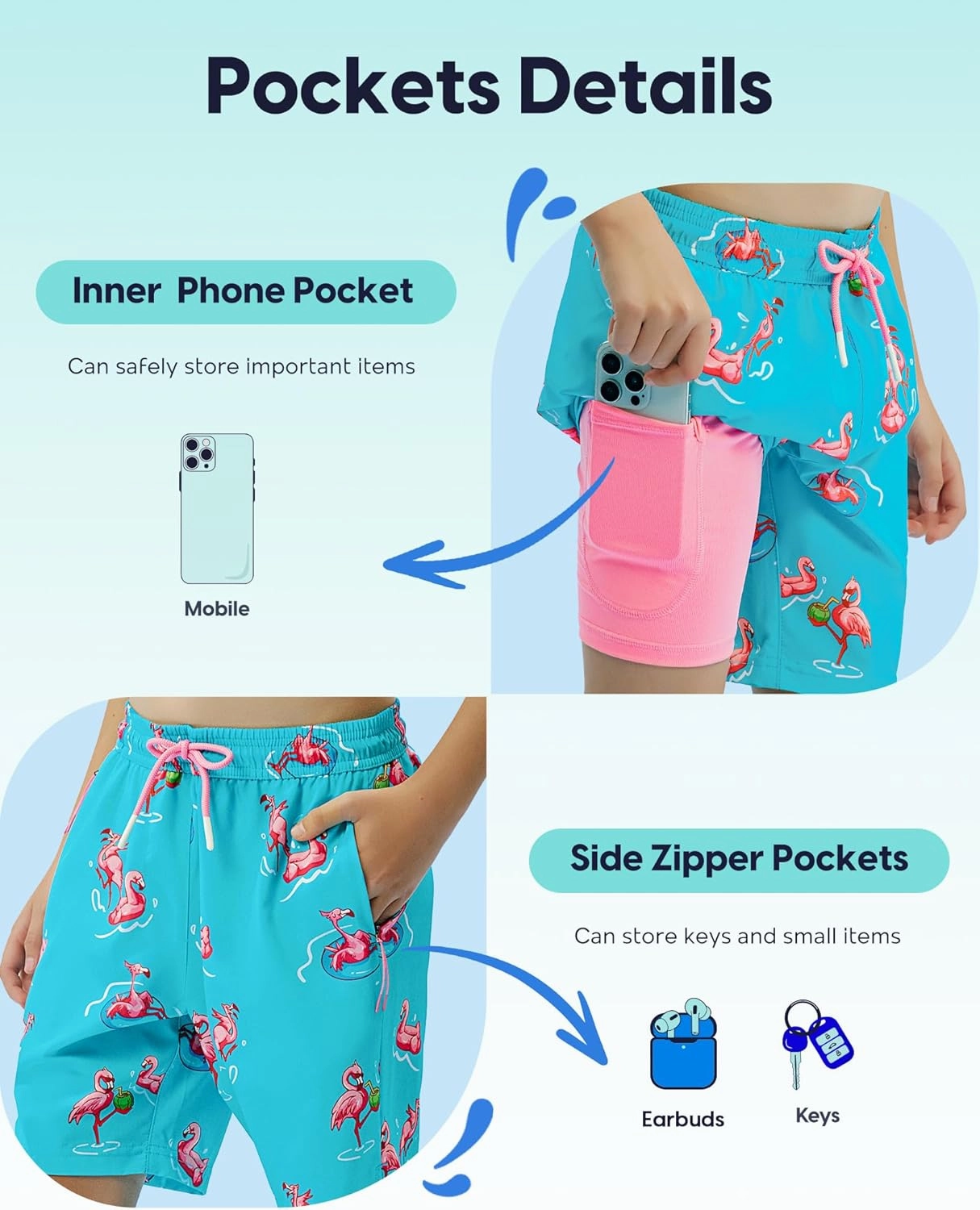 maamgic Boys Swim Trunks Compression Liner Stretch Teen Boy Swim Shorts Anti-Chafe Bathing Suits with Zipper Pockets