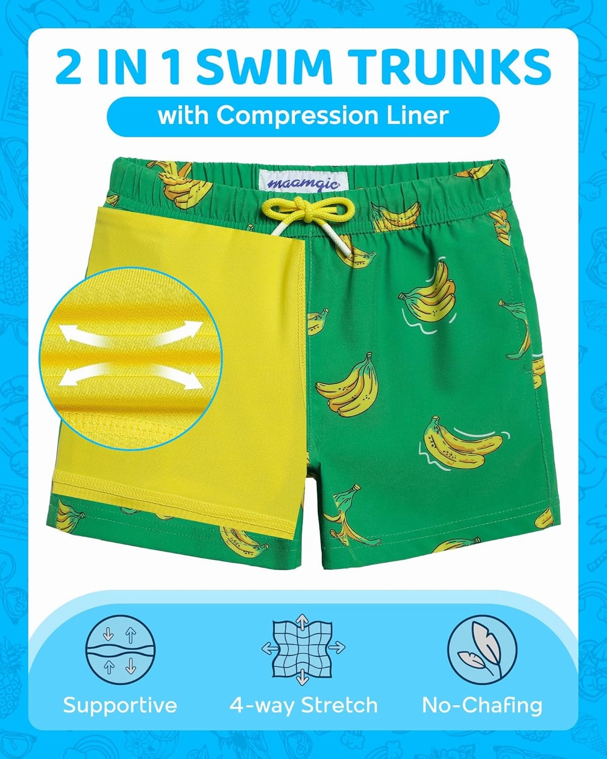 maamgic Boys Swim Trunks with Compression Liner 4-Way Stretch Quick Dry Bathing Suit Toddler Beach Shorts