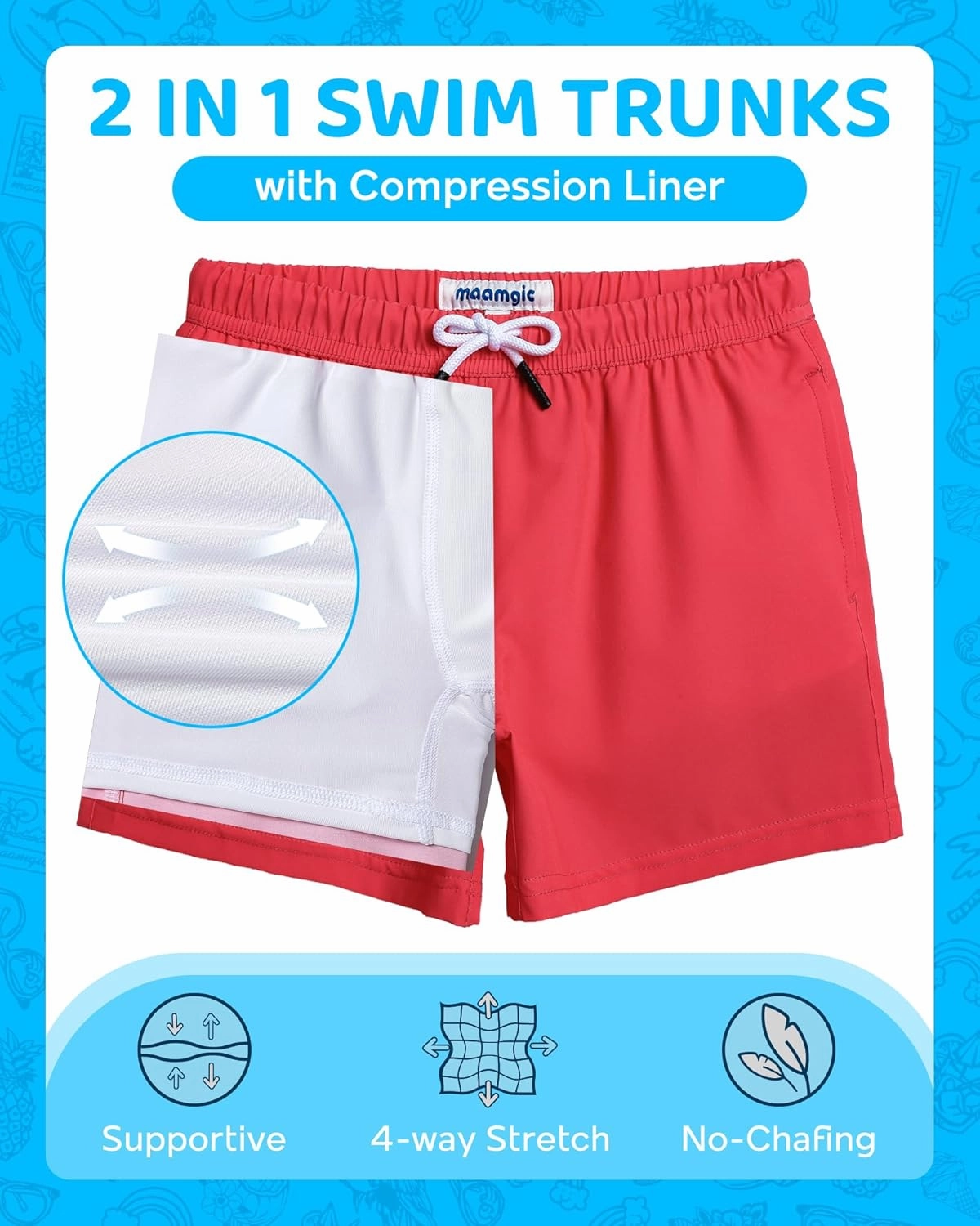 maamgic Boys Swim Trunks with Compression Liner 4-Way Stretch Quick Dry Bathing Suit Toddler Beach Shorts
