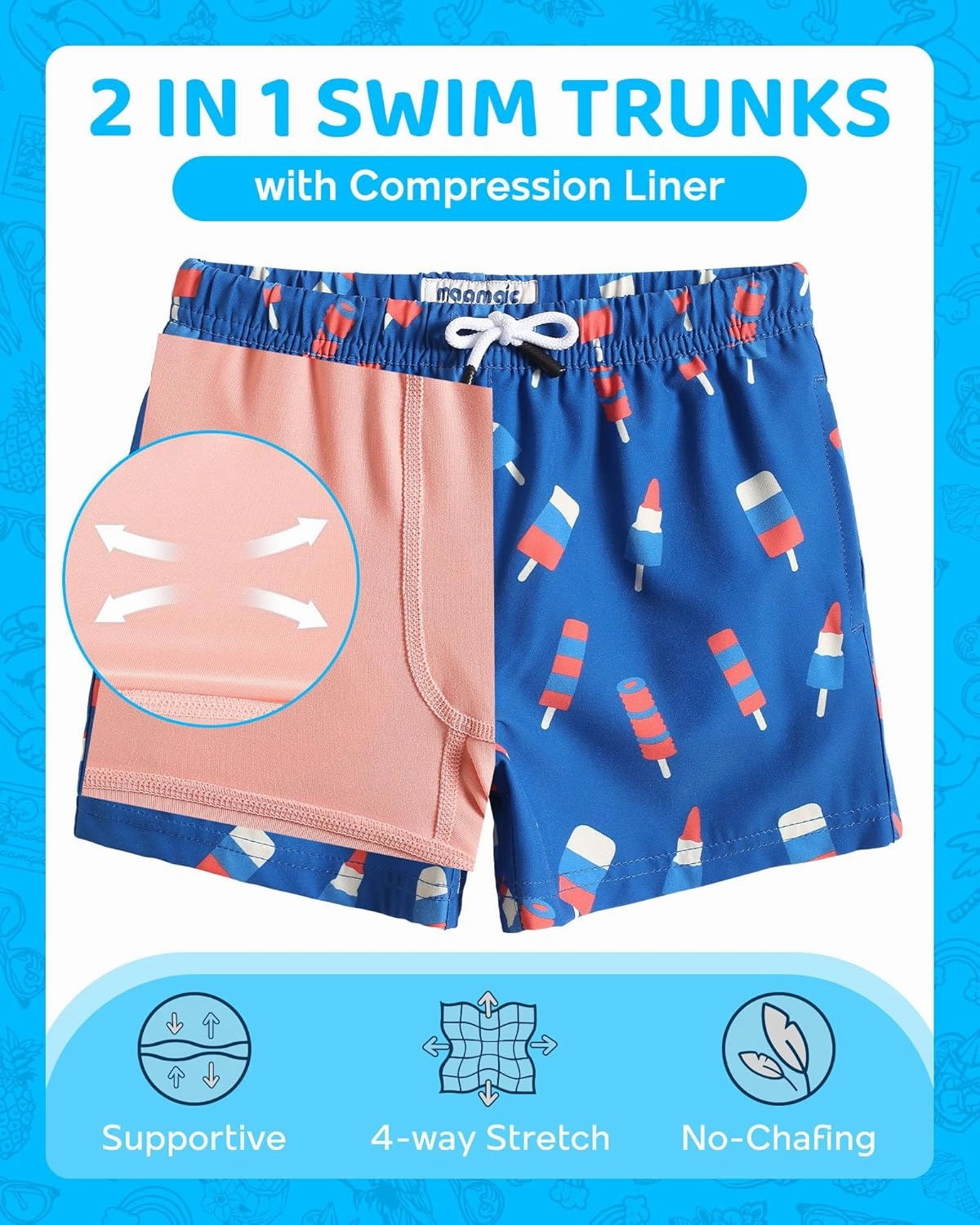 maamgic Boys Swim Trunks with Compression Liner 4-Way Stretch Quick Dry Bathing Suit Toddler Beach Shorts