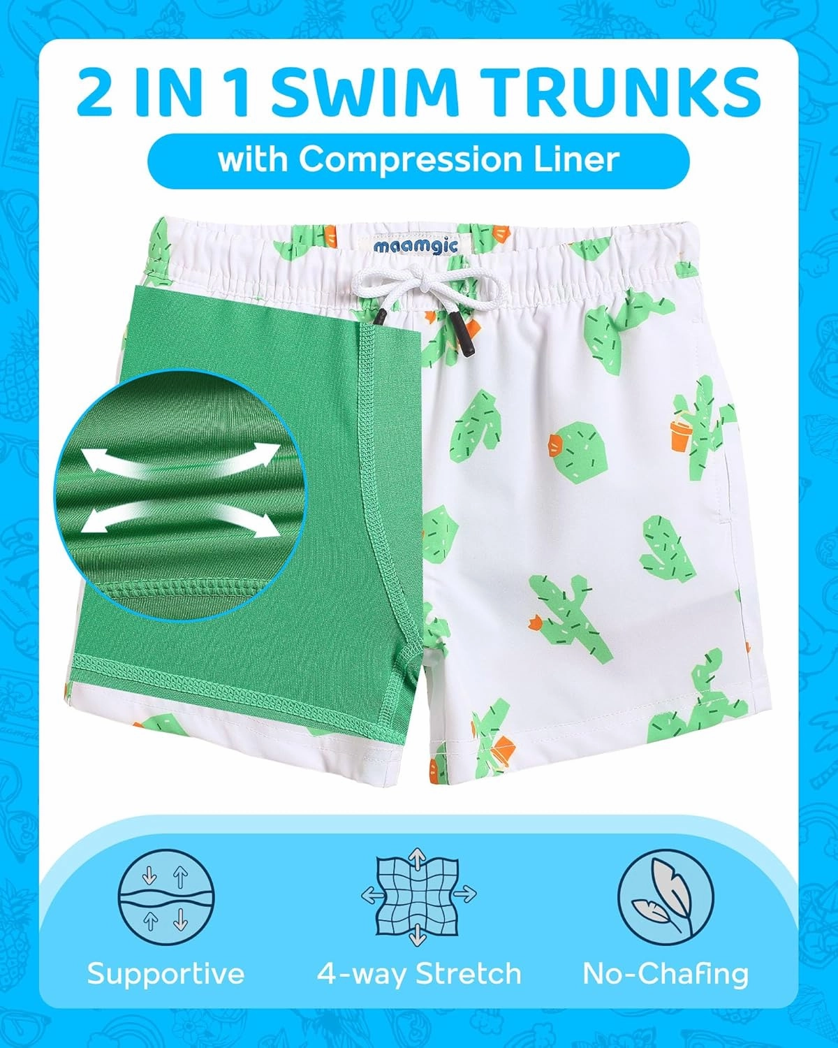 maamgic Boys Swim Trunks with Compression Liner 4-Way Stretch Quick Dry Bathing Suit Toddler Beach Shorts